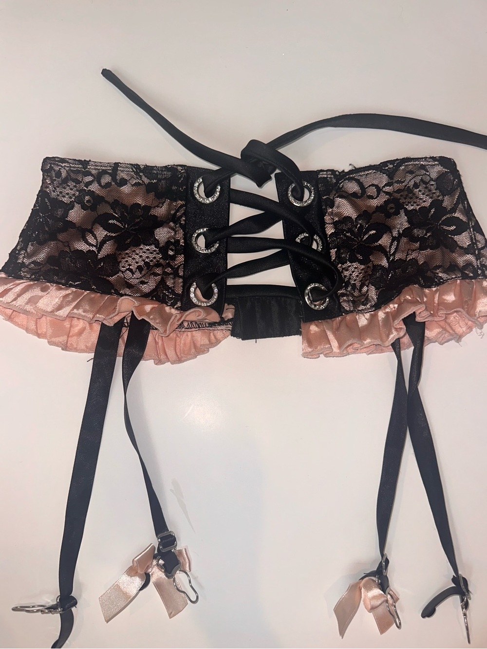 Black Lace and Blush Satin Garter Belt